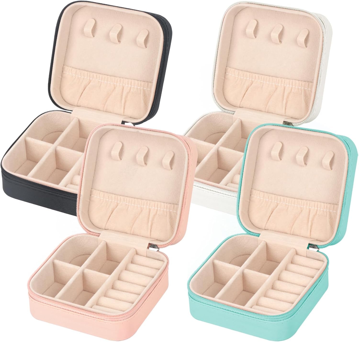 Travel Jewelry Case Small Jewelry Box Jewelry Organizer Storage Case Portable PU Leather Mini Jewelry Travel Case for Girls Womens Earring, Necklace, Rings,Bracelets (S 4, Black+Pink+White+Blue)