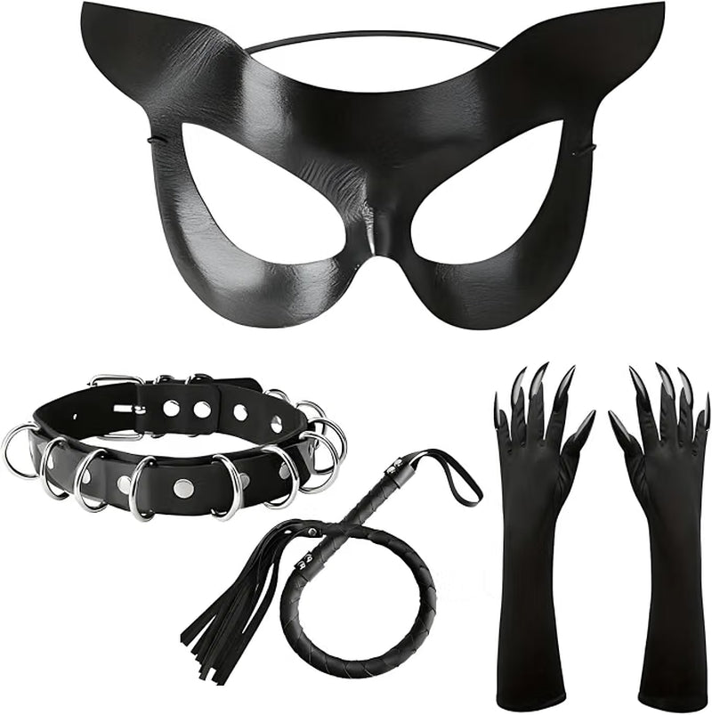 4-Piece Cat Mask Costume Set, Necklace, Whip & Luminous Halloween Gloves
