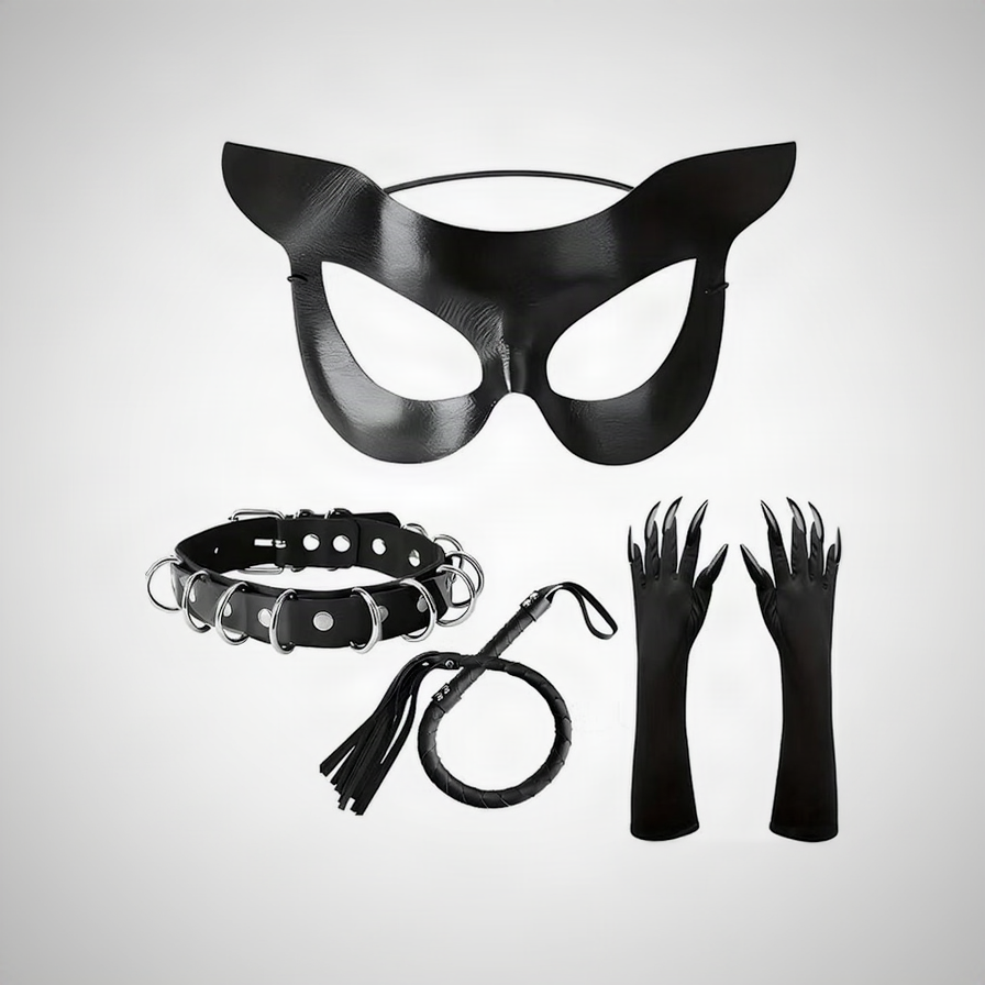 4-Piece Cat Mask Costume Set, Necklace, Whip & Luminous Halloween Gloves