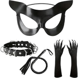 4-Piece Cat Mask Costume Set, Necklace, Whip & Luminous Halloween Gloves
