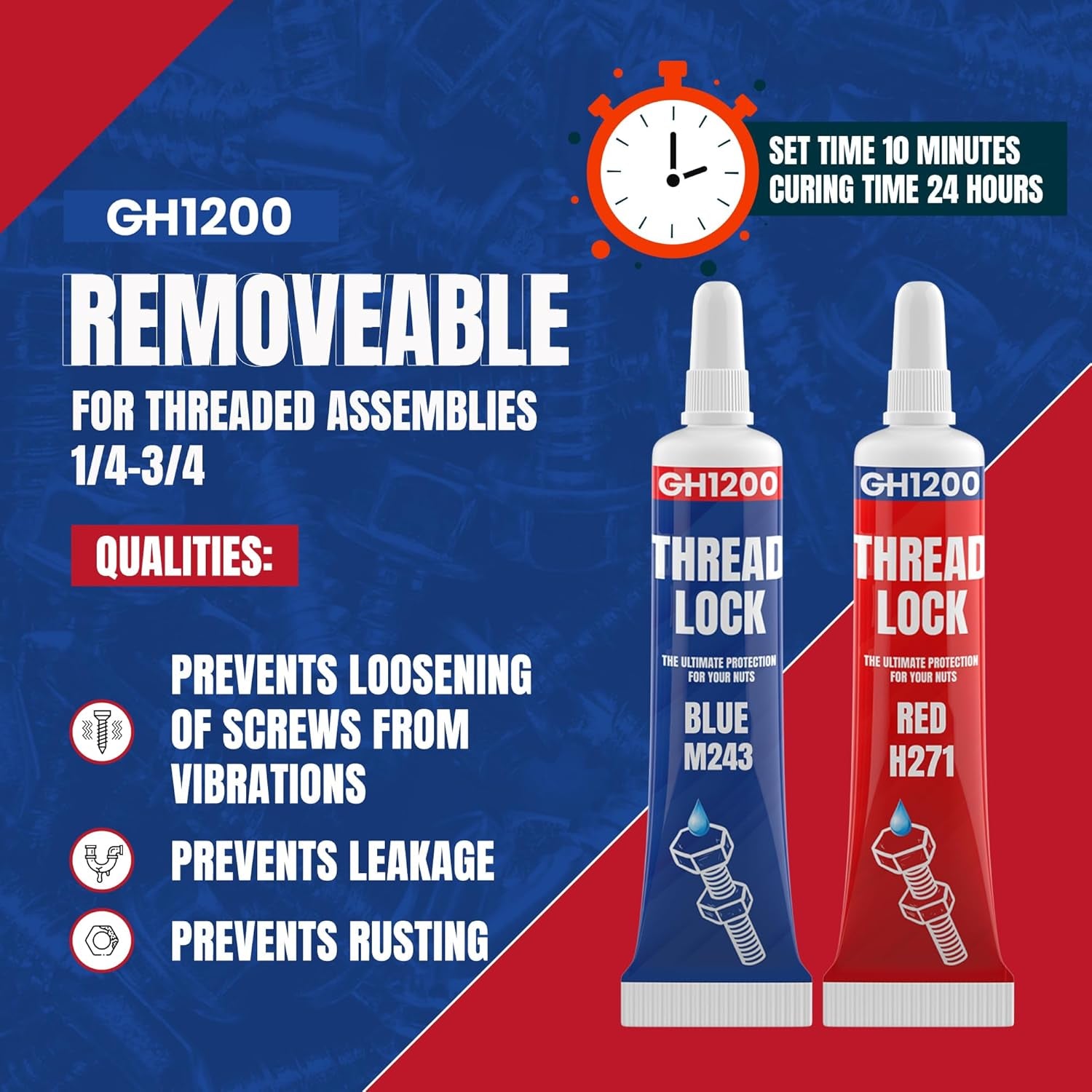 -6Gx2 Pack Thread Lock Medium and Strong Strength for Nuts, Bolts, and Metals, Threadlocker Lock Tight & Seal Fasteners with Stable and Consistent Performance