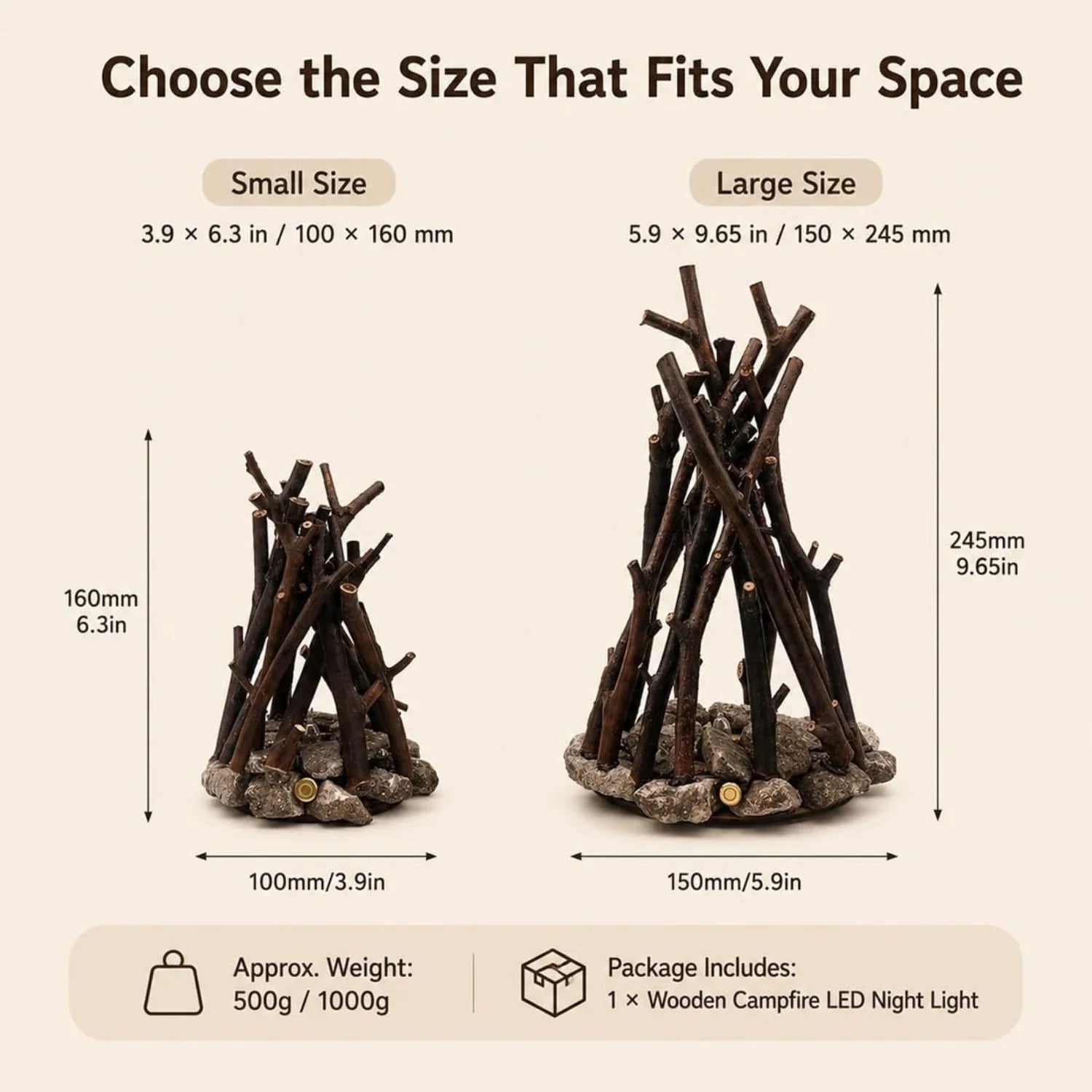 Dimmable Wooden Campfire Led Night Light, Handcrafted Forest Campfire Lamp