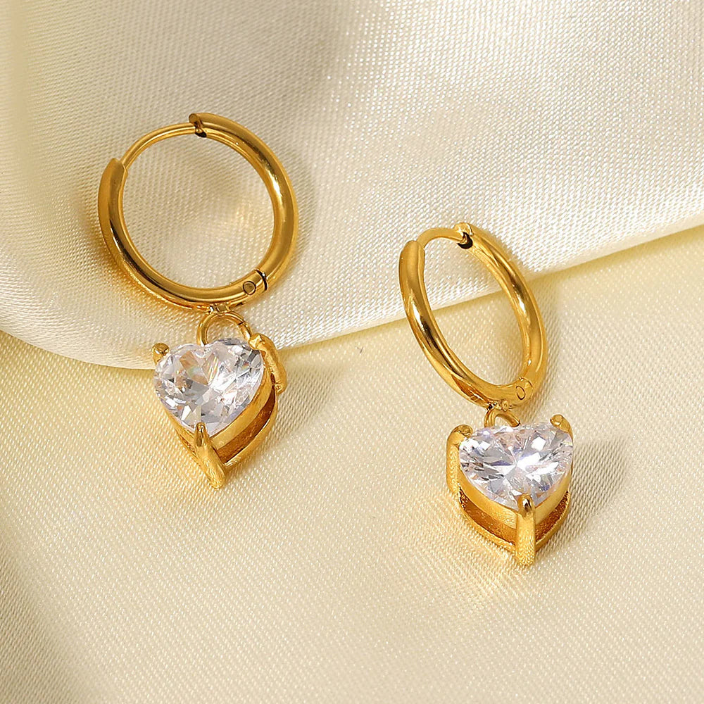 White Heart Huggie Earrings for Women — 18K Gold Plated, CZ Heart Accent, 925 Sterling Silver