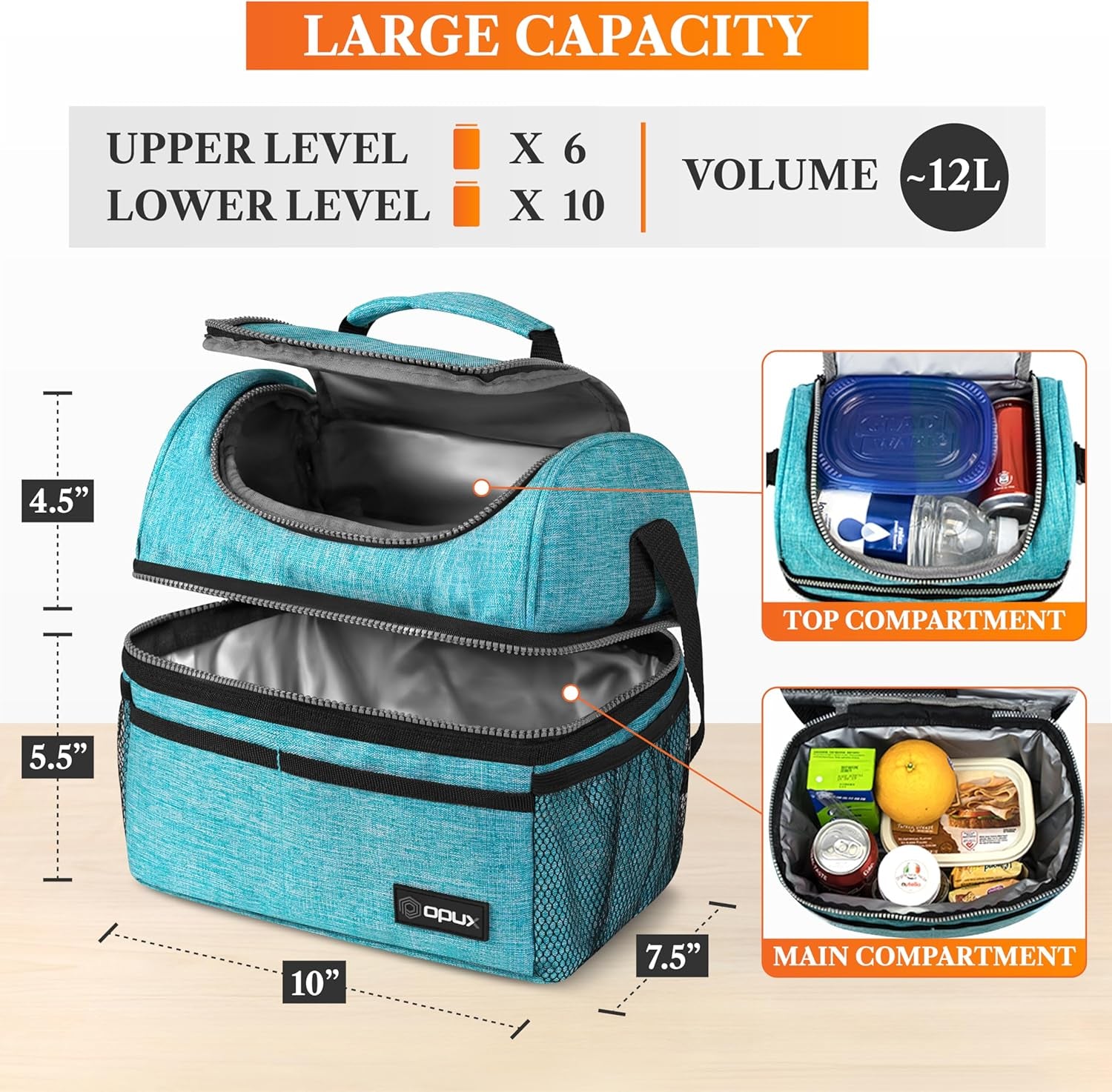 Insulated Lunch Bag for Men Women, Double Decker Leakproof, Teal Blue