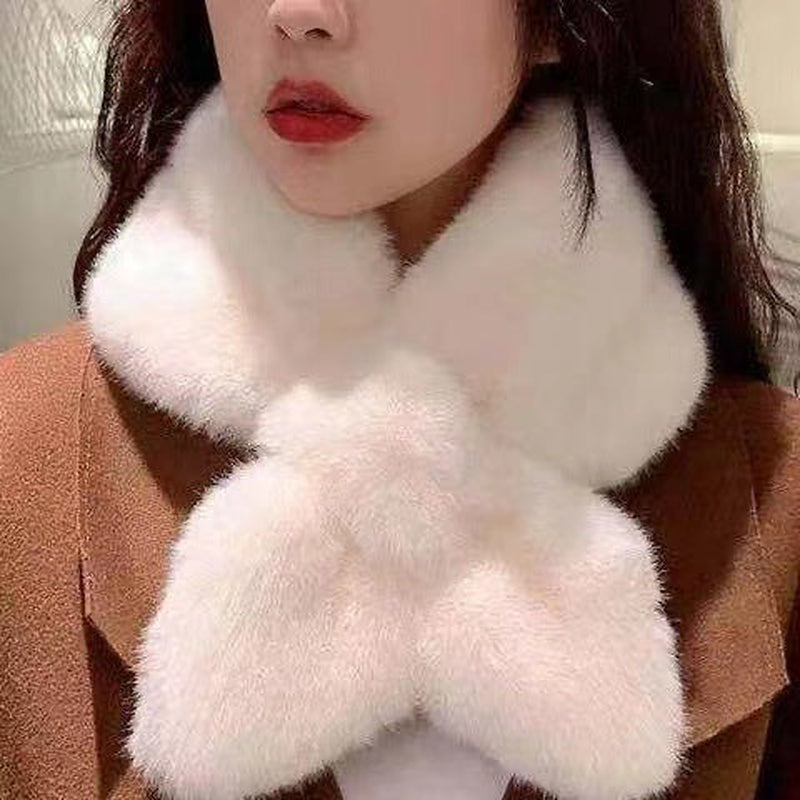 Thickened Solid Color Fuzzy Neck Warmer, Warm Faux Rex Rabbit Fur Cross Scarf, Plush Fur Collar