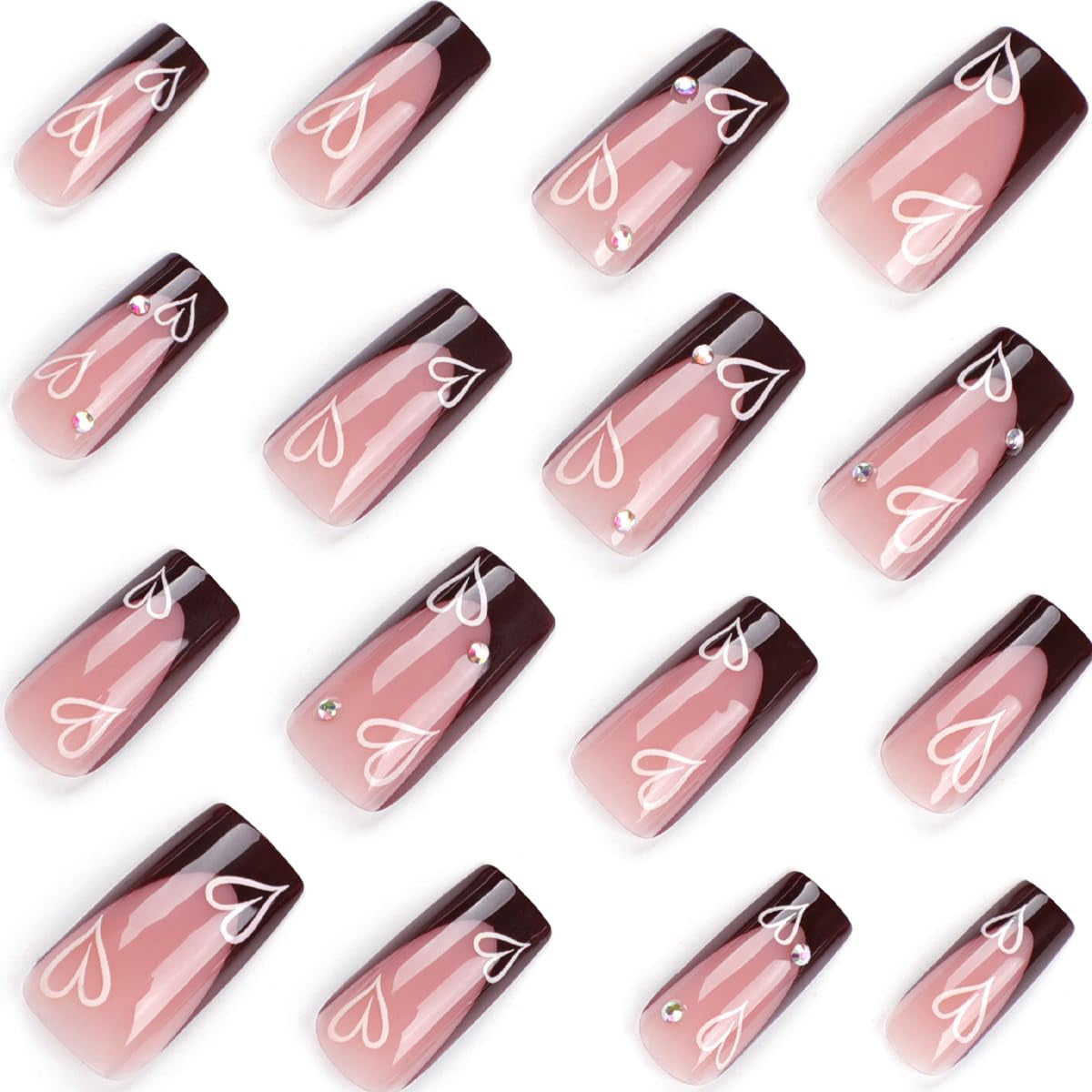 French Tip Press on Nails - Square Medium Long Brown Pink Heart Rhinestone False Nails - Women'S Glue on Acrylic Gel Stick on Glitter Fantasy Wedding Birthday