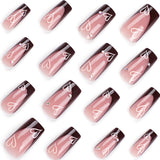 French Tip Press on Nails - Square Medium Long Brown Pink Heart Rhinestone False Nails - Women'S Glue on Acrylic Gel Stick on Glitter Fantasy Wedding Birthday