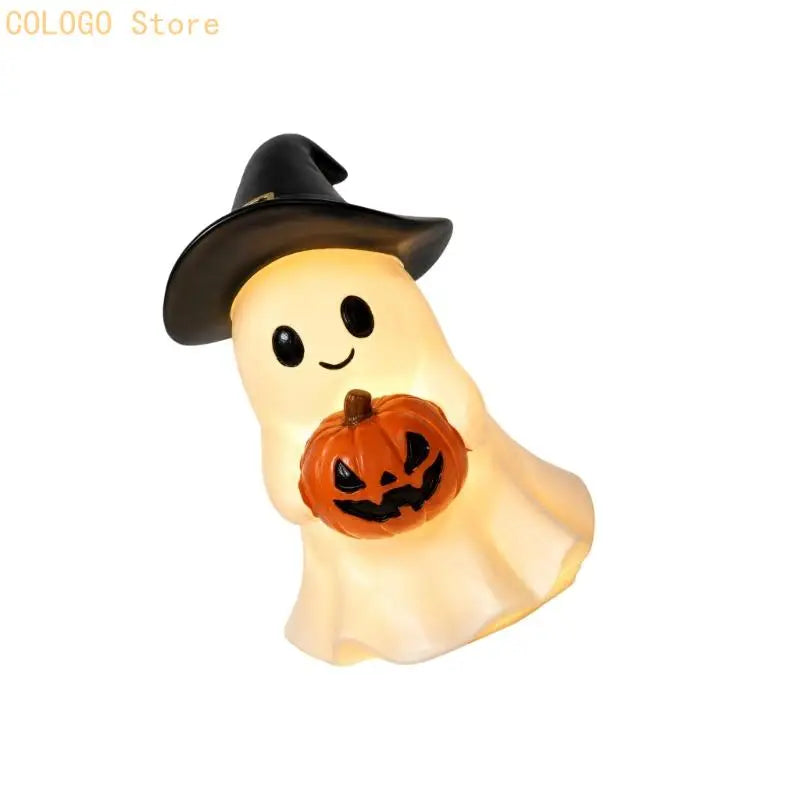 Halloween Shelf Decors Light up Figurine with Friendly Ghostly and Pumpkin, Resins Tabletop Accent for Home and Party Styling
