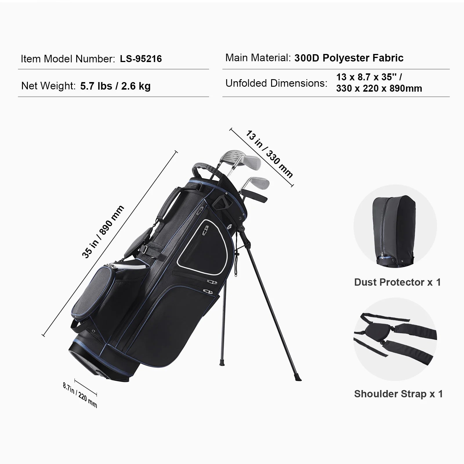 Golf Cart Bag with 14 Way Organizer Divider Top, 35 11 Pockets Premium Cart Bag with Stand, Durable Golf Bags with Handles & Dust Cover & Detachable Dual Strap for Men & Women, Black White
