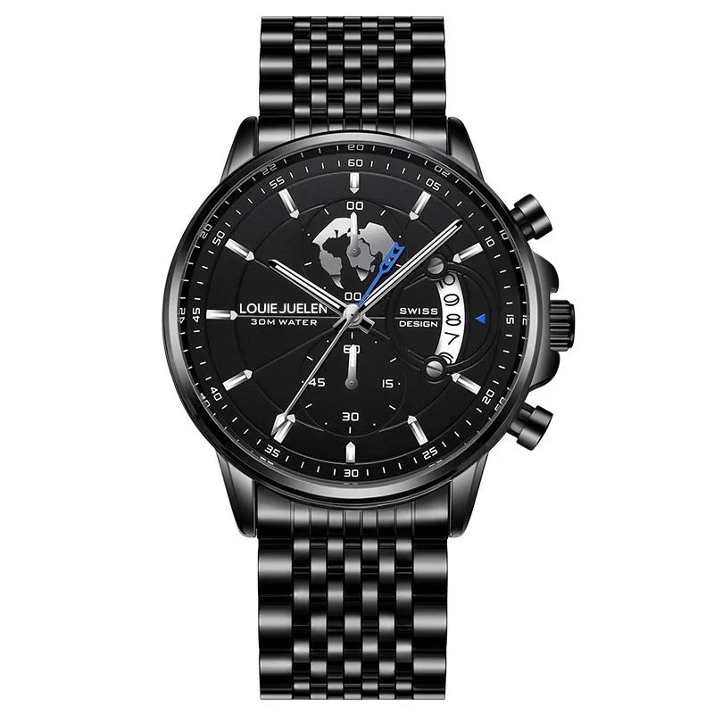 Belushi New Fashion Business Three-Eye Chronograph Genuine Leather Luminous Watch Steel Band Personalized Luxury Watch for Men