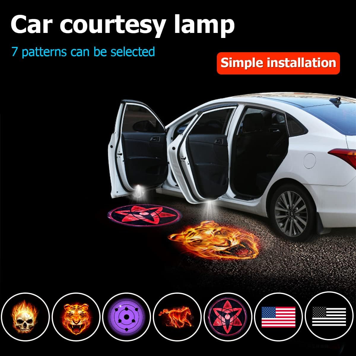 2Pcs Car Door Projector Lights, Wireless LED Welcome Lamp, Red Flag