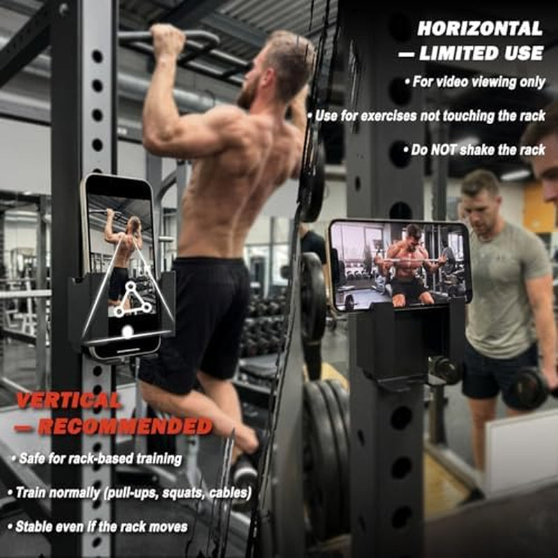 Power Rack Phone Mount, Hook-On Smartphone Holder for 2”×2”/3”×3” Squat Rack Upright, Tool-Free Installation, Vertical & Horizontal Viewing, Fits Phones up to 3.22” Wide