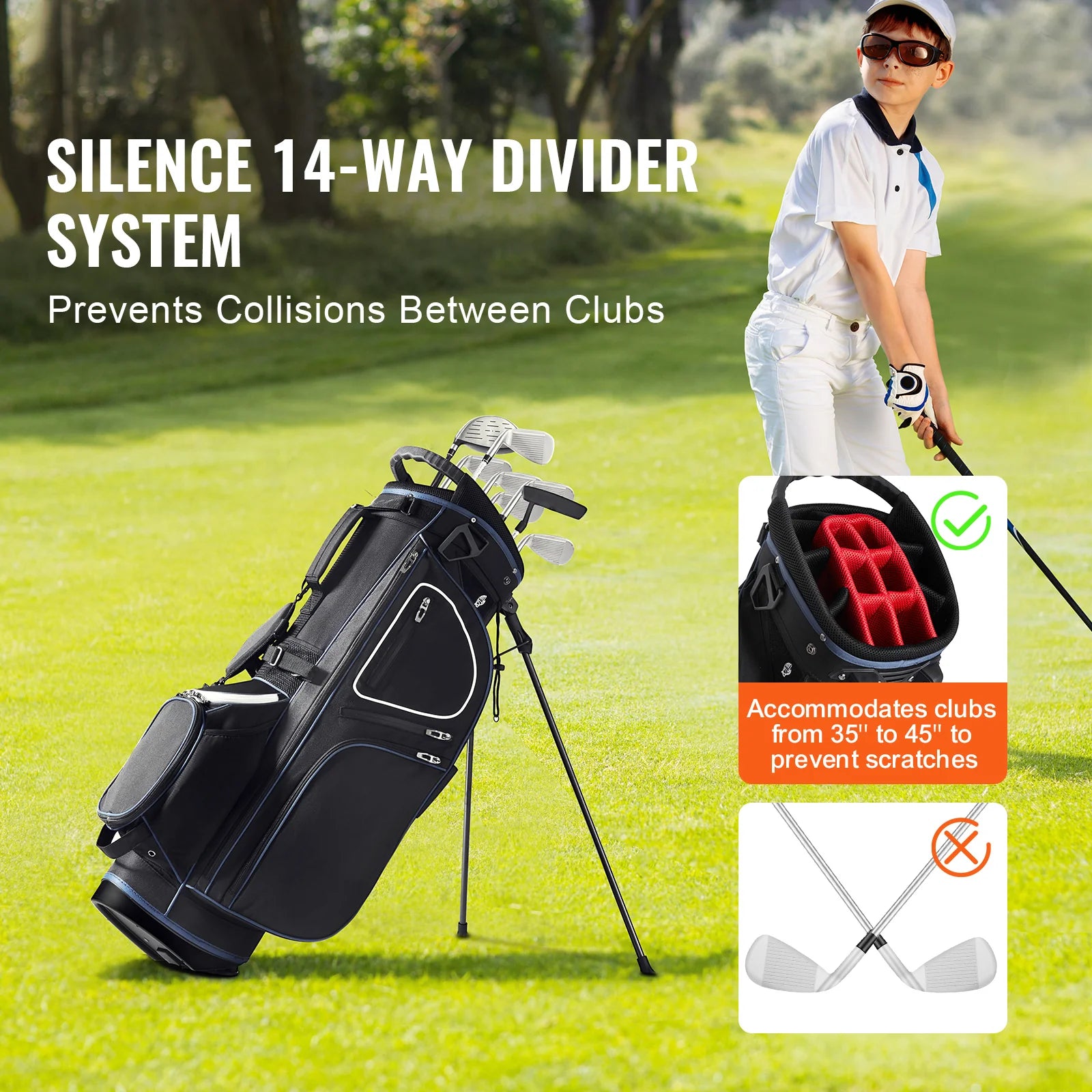 Golf Cart Bag with 14 Way Organizer Divider Top, 35 11 Pockets Premium Cart Bag with Stand, Durable Golf Bags with Handles & Dust Cover & Detachable Dual Strap for Men & Women, Black White