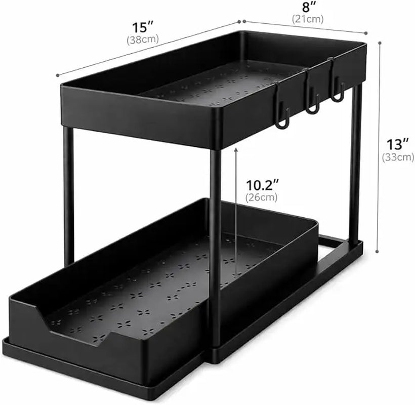 2 Tier Sliding under Sink Organizer with 5 Side Hooks and 3 Detachable Hanging Baskets,Pull Out Rustproof Metal Storage Rack,Tool Free Assembly,Multi Scene Space Saving Shelf for Kitchen,Bathroom,Laundry Room,Pantry,Apartment