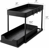 2 Tier Sliding under Sink Organizer with 5 Side Hooks and 3 Detachable Hanging Baskets,Pull Out Rustproof Metal Storage Rack,Tool Free Assembly,Multi Scene Space Saving Shelf for Kitchen,Bathroom,Laundry Room,Pantry,Apartment