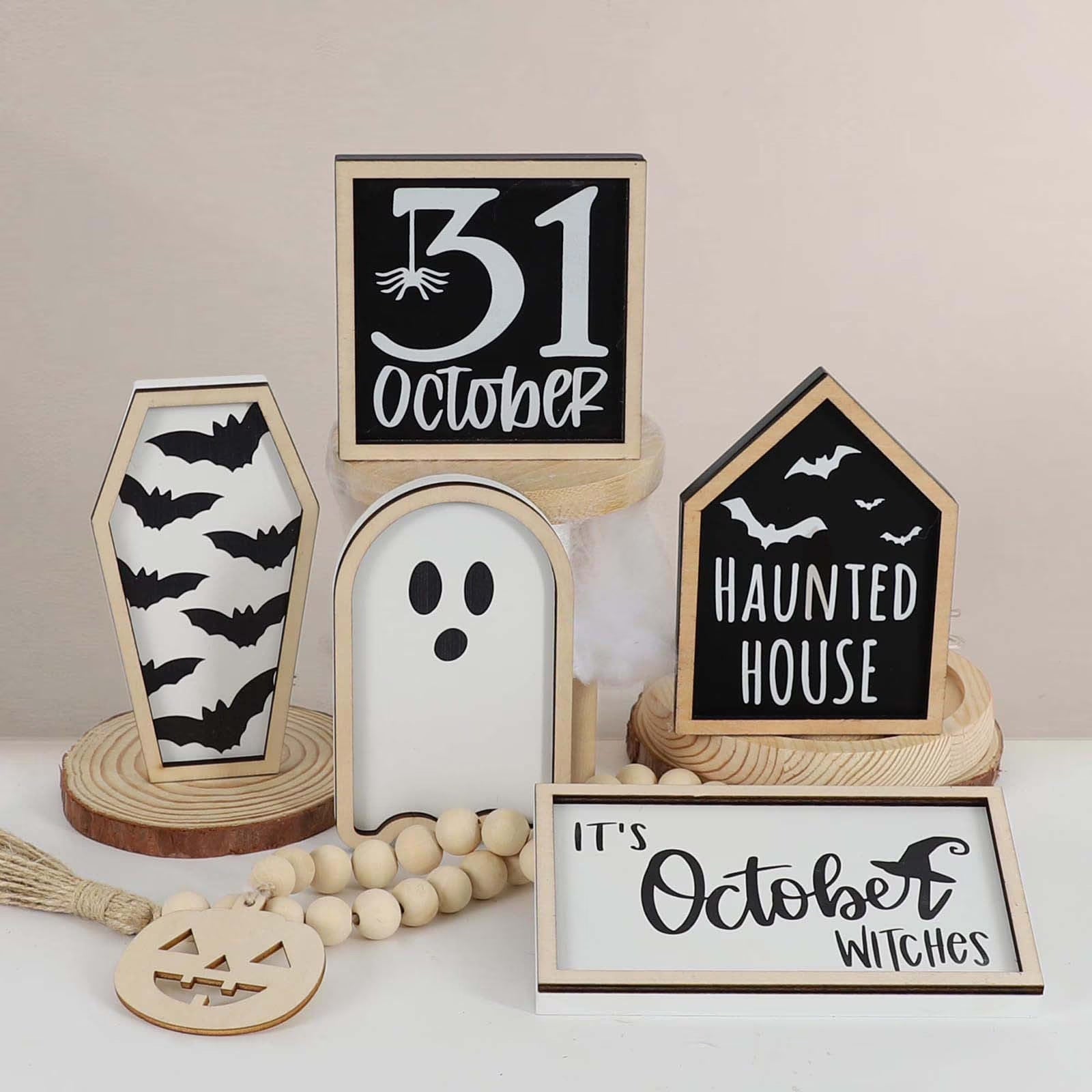 6 Pcs Halloween Tiered Tray Decorations Set Cute Halloween Wooden Signs Halloween Decorations Indoor Farmhouse Rustic Tiered Tray Decor Halloween Party Decorations