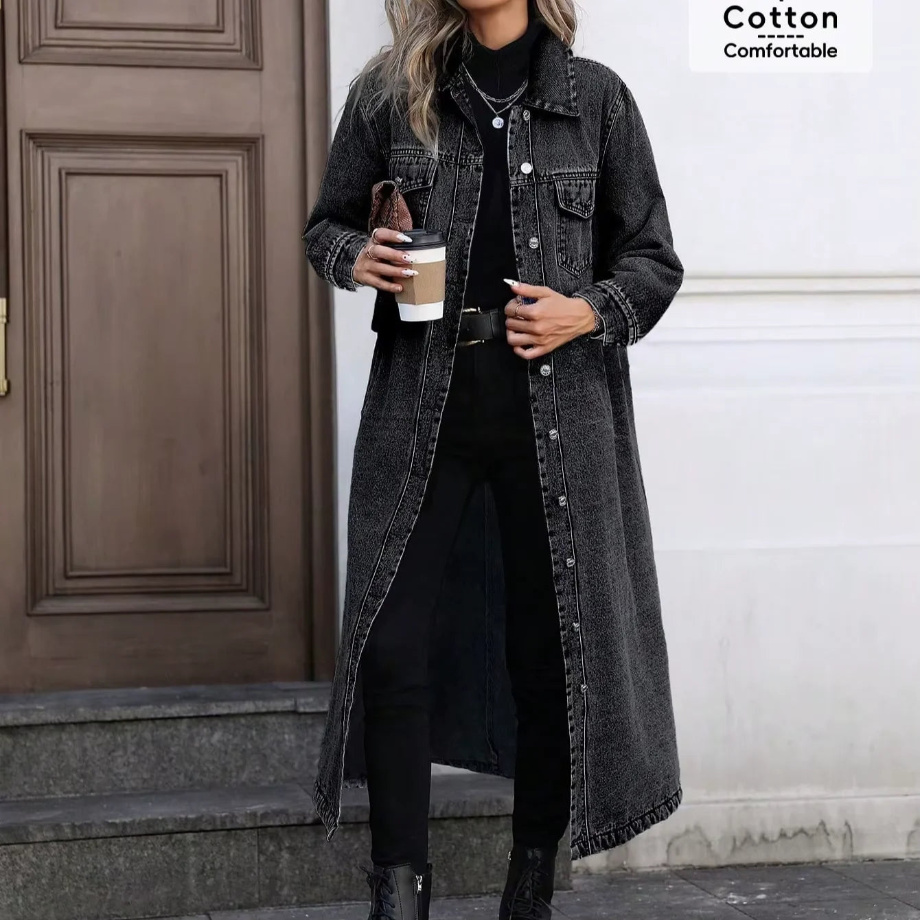 Denim Coats Moto Biker Jeans for Women Long Jackets Pocket Long Sleeves Single Breasted Loose Casual Y2K 2025 Autumn Winter