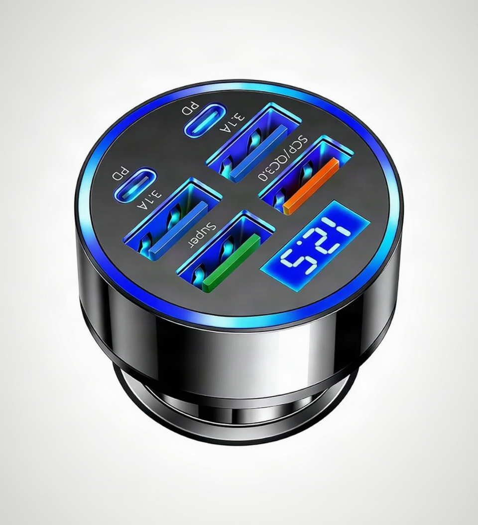 6-In-1 Multi-Port USB C Car Charger with LED Voltmeter