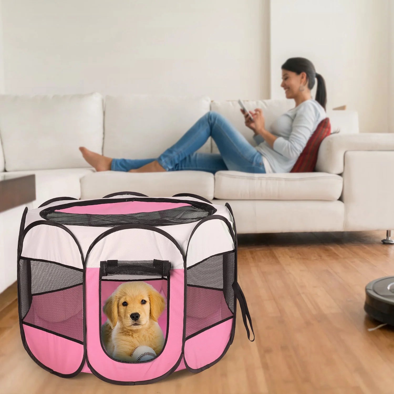 Pink-Blue Options -- 1Pc Portable Foldable Pet Tent Exercise Pen Kennel Removable Zipper Top and Bottom Water Resistant Indoor Outdoor Use for Dogs Cats Other Pets