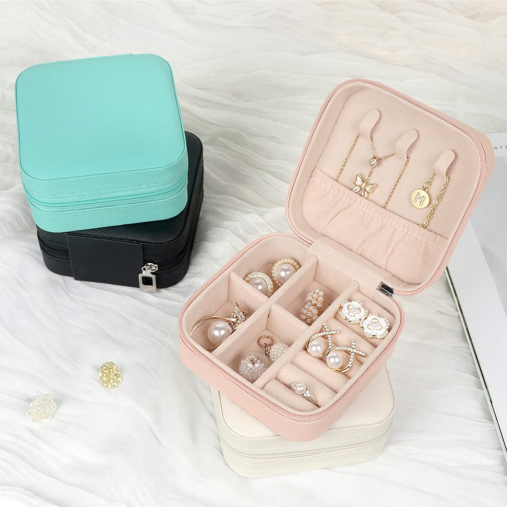 Travel Jewelry Case Small Jewelry Box Jewelry Organizer Storage Case Portable PU Leather Mini Jewelry Travel Case for Girls Womens Earring, Necklace, Rings,Bracelets (S 4, Black+Pink+White+Blue)