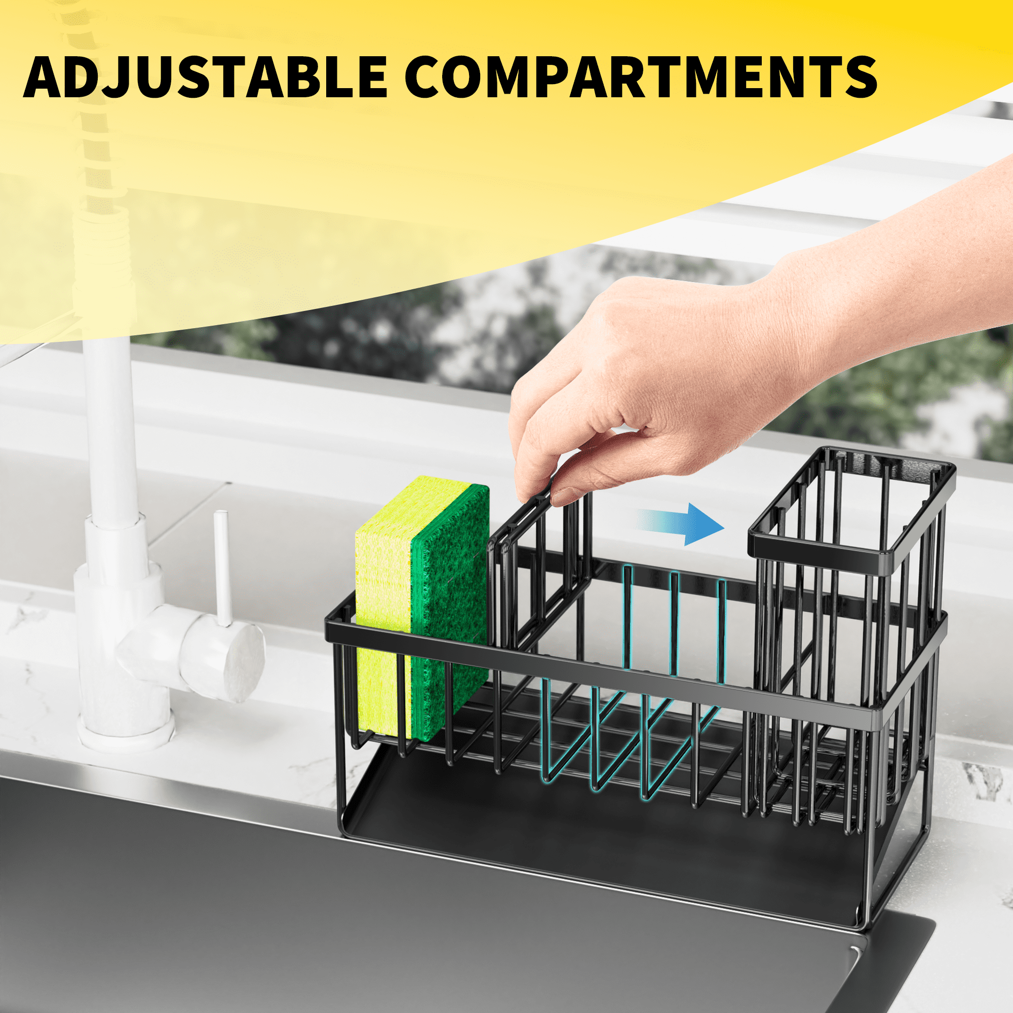 Cisily Kitchen Item Sink Caddy Kitchen Organizer, Sponge Holder for Kitchen Sink, Drain on an Incline Kitchen Sink Organizer,Rust-Resistant Metal Black Sink Caddy,Sink Caddy with Brush Holder
