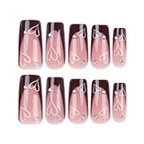 French Tip Press on Nails - Square Medium Long Brown Pink Heart Rhinestone False Nails - Women'S Glue on Acrylic Gel Stick on Glitter Fantasy Wedding Birthday