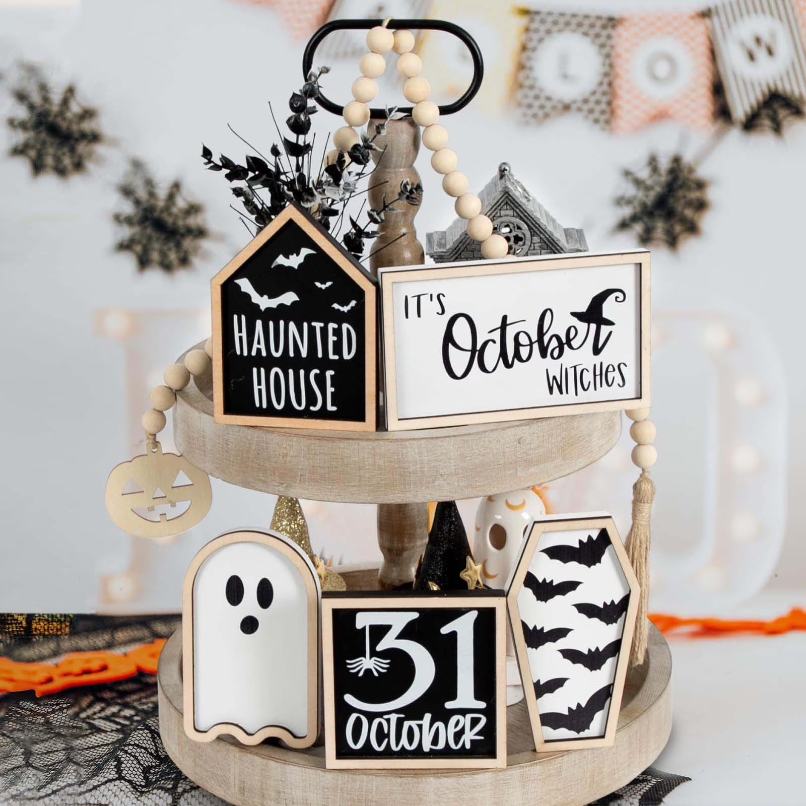 6 Pcs Halloween Tiered Tray Decorations Set Cute Halloween Wooden Signs Halloween Decorations Indoor Farmhouse Rustic Tiered Tray Decor Halloween Party Decorations