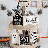 6 Pcs Halloween Tiered Tray Decorations Set Cute Halloween Wooden Signs Halloween Decorations Indoor Farmhouse Rustic Tiered Tray Decor Halloween Party Decorations