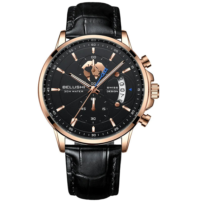 Belushi New Fashion Business Three-Eye Chronograph Genuine Leather Luminous Watch Steel Band Personalized Luxury Watch for Men