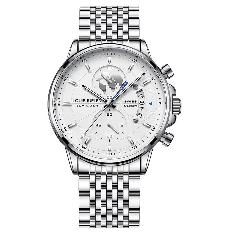 Belushi New Fashion Business Three-Eye Chronograph Genuine Leather Luminous Watch Steel Band Personalized Luxury Watch for Men