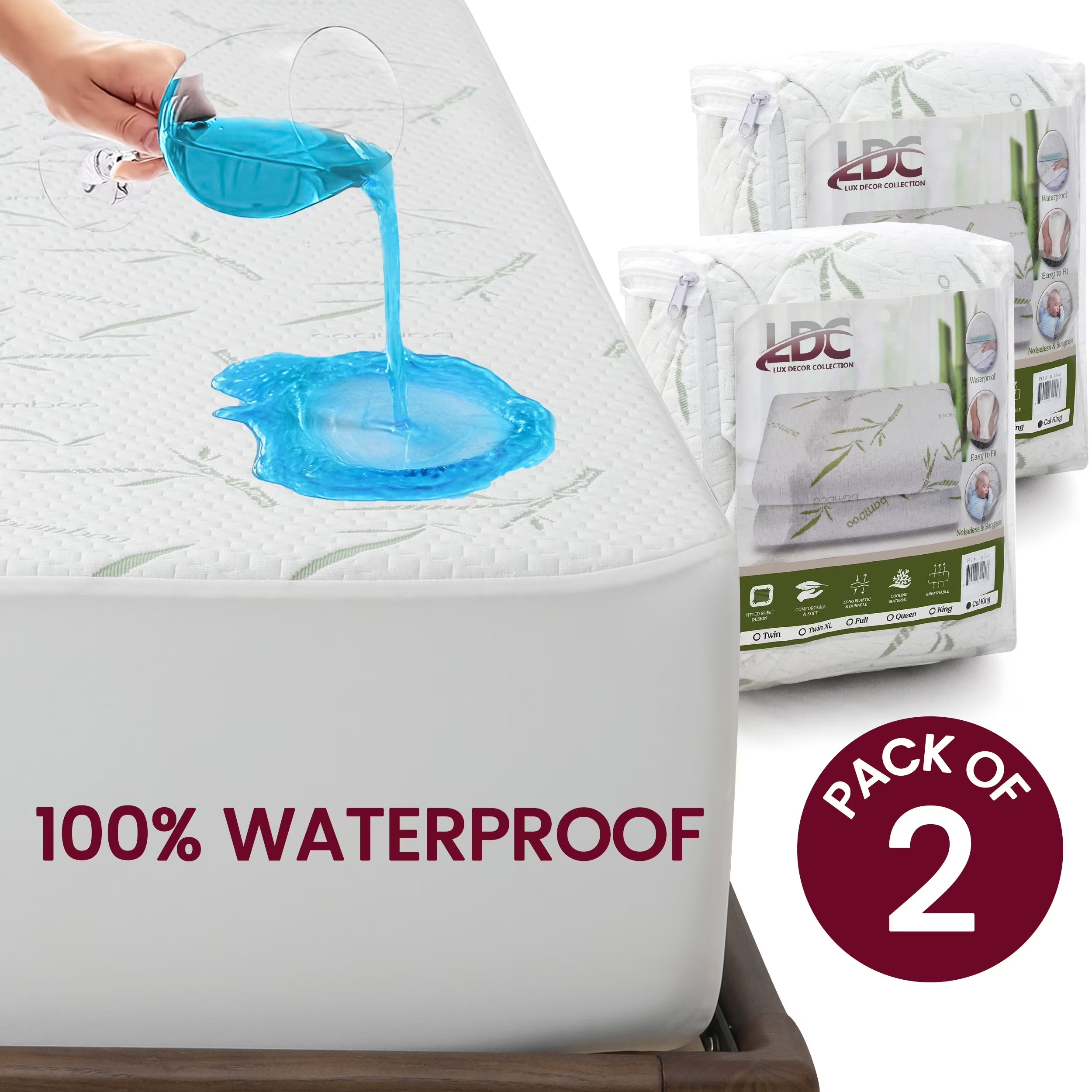 Lux Decor Waterproof Mattress Protector Twin - Premium Bamboo Viscose Twin Mattress Cover, Ultra-Soft Noiseless Cooling Mattress Pad Cover for Bed with 16” Deep Pocket Fitted Mattress Protector