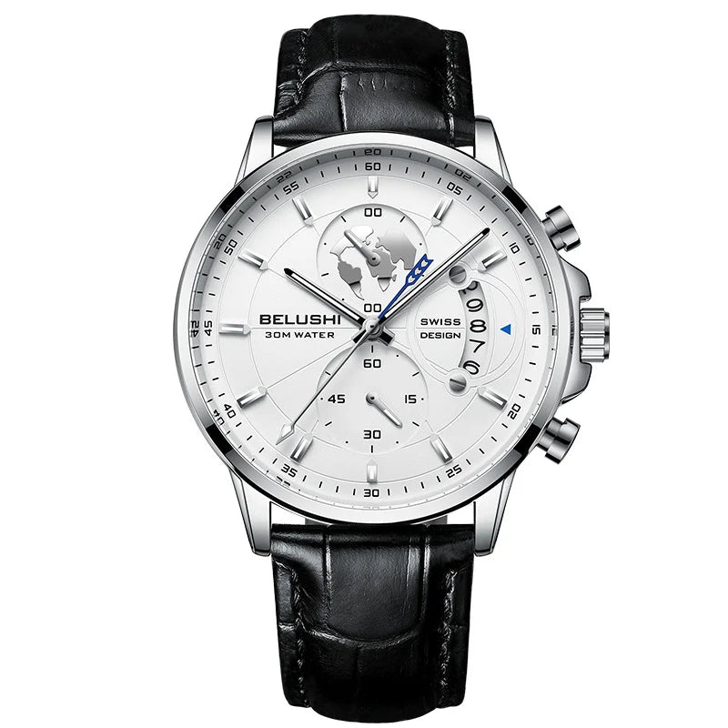 Belushi New Fashion Business Three-Eye Chronograph Genuine Leather Luminous Watch Steel Band Personalized Luxury Watch for Men