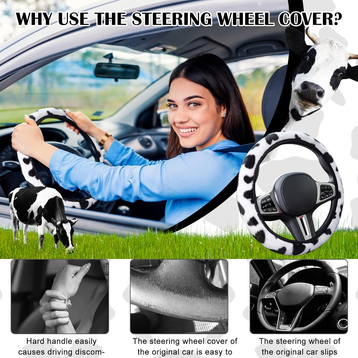 3PCS Furry Cow Print Steering Wheel Cover,Auto Plush Cute Cows Shift Gear & Hand Brake Covers Soft Warm Universal Car Interior Accessories for Women Men(Black)