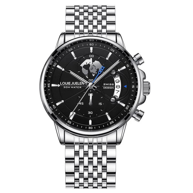 Belushi New Fashion Business Three-Eye Chronograph Genuine Leather Luminous Watch Steel Band Personalized Luxury Watch for Men