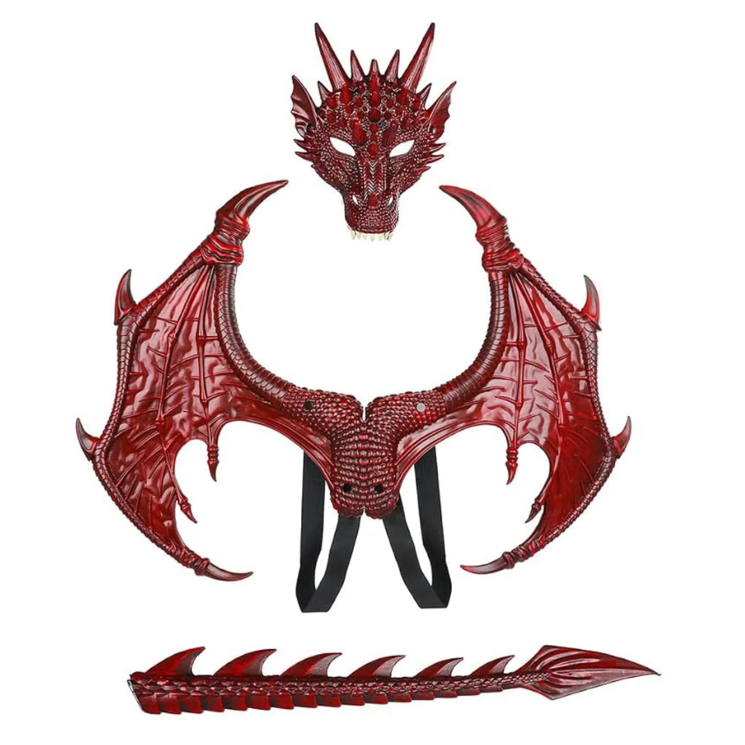 3 Pcs Dragon Costume, Red Halloween Dragon Costume with 3D Wings, Face Cover & Tail for Cosplay Parties