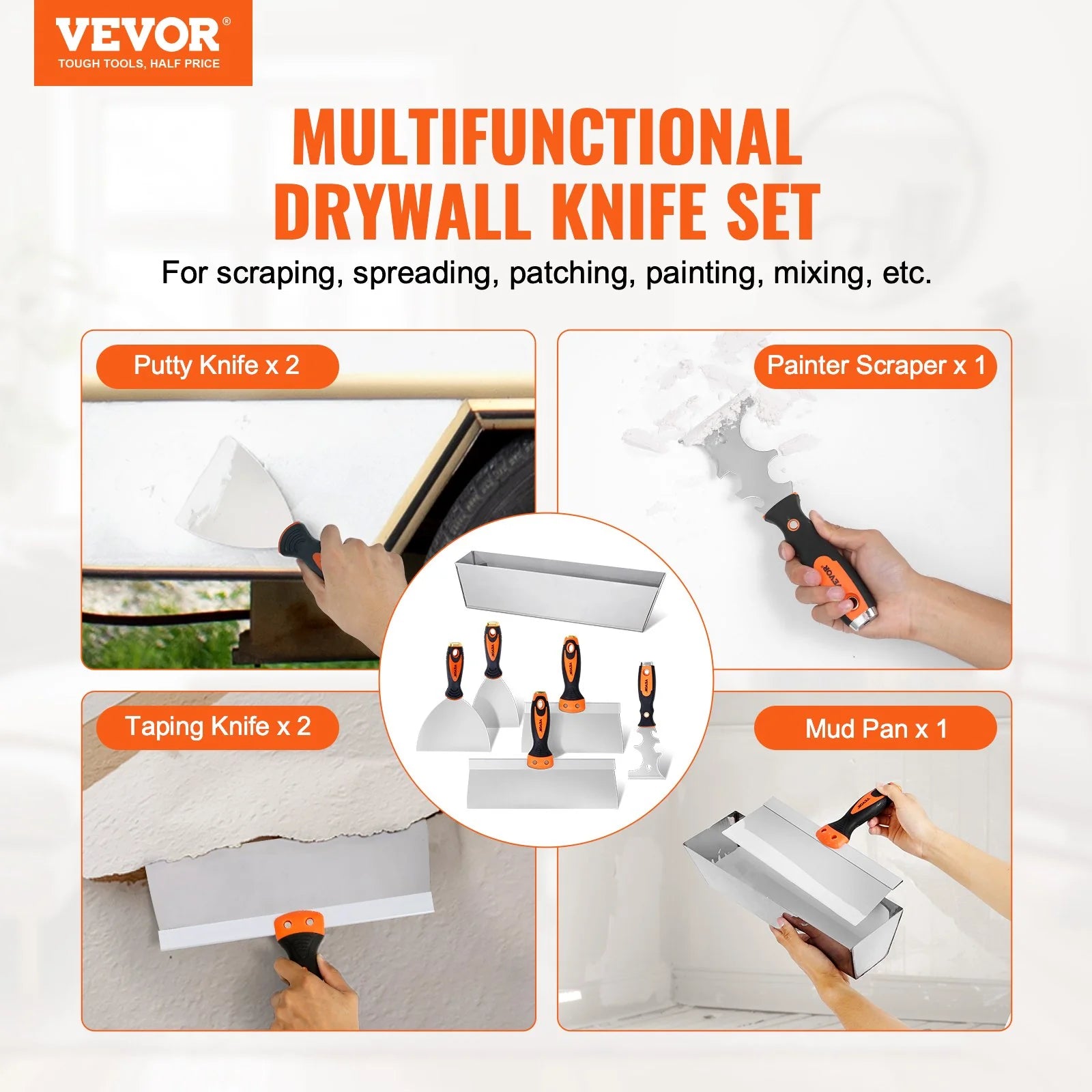 Drywall Knife Set, 6 PCS Drywall Tools Includes 3In Painter Scraper, Two Putty Knives, Two Taping Knives and 12In Mud Pan, Stainless Steel Spackle Tool, Drywall Finishing Tools for Home