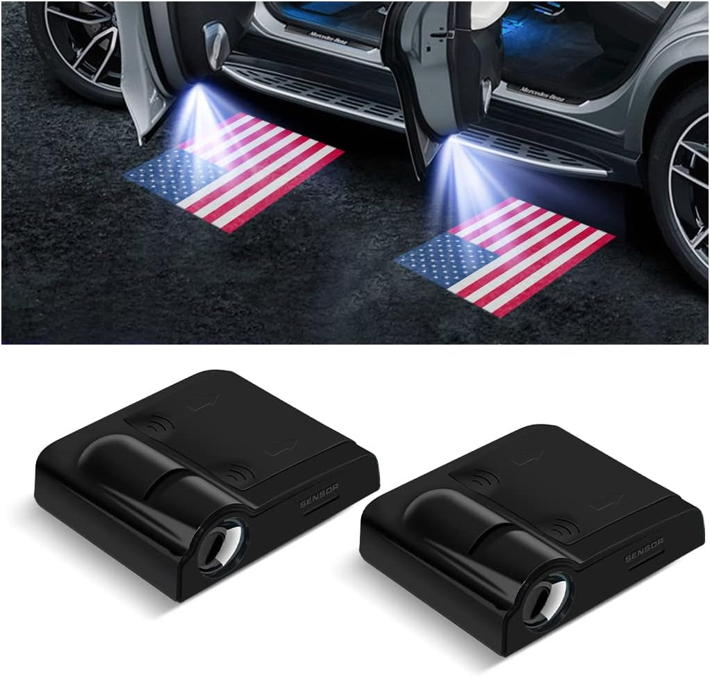 2Pcs Car Door Projector Lights, Wireless LED Welcome Lamp, Red Flag
