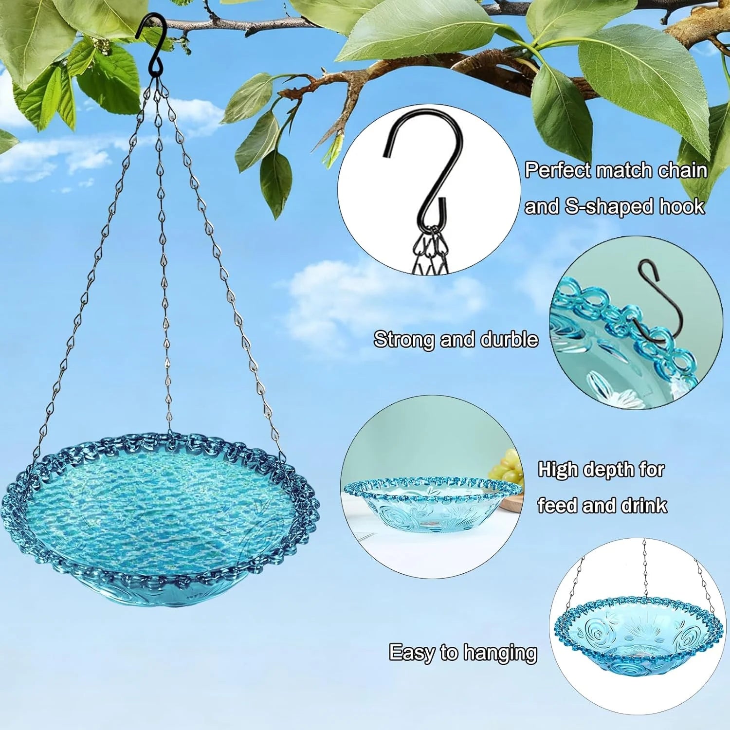 Hanging Bird Baths and Feeders for Outdoors, Plastic Bird Water Bowls for Garden and Yard Use
