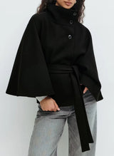 Winter High Neck Batwing Sleeve Coat with Belt Fashion Loose Elegant Button Top Trench Coat for Women Clothing
