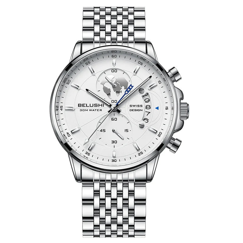Belushi New Fashion Business Three-Eye Chronograph Genuine Leather Luminous Watch Steel Band Personalized Luxury Watch for Men