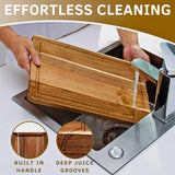 Acacia Wood Cutting Board Set of 3 | Non-Toxic Cutting Boards with Wooden Holder, Non-Slip Silicone Pads, Deep Juice Grooves & Handles | Ideal for Meat, Veggies & Charcuterie – Elegant Kitchen Gift