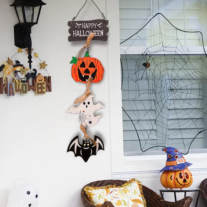 Halloween Wooden Decorations Pumpkin Bat Skeleton Ghost Pendant Hanging Ornament Wall Decor Horror Props Halloween Party Decor