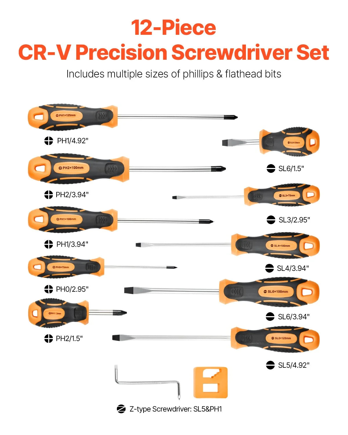 Screwdriver Set, 12-Piece Hand Tools Set with Magnetic Tips, Includes 5 Phillips and 5 Flat Head Bits, Z-Type Bit, Professional Repair Tool Kit for Sockets, Furniture, Home Appliances, Bicycles