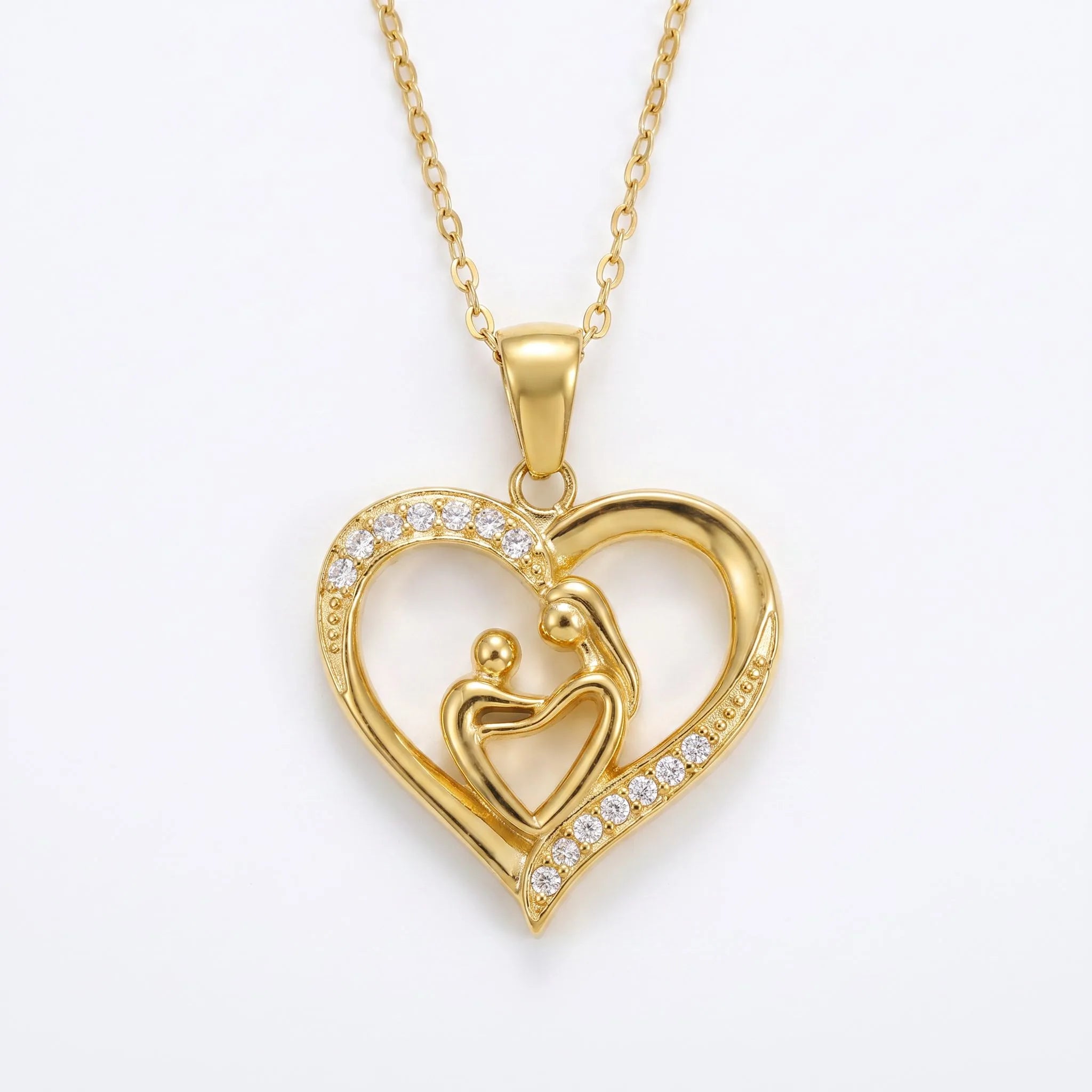 Mom Heart Necklace — 18K Gold Plated Stainless Steel, Mother & Child Pendant, CZ Stones
