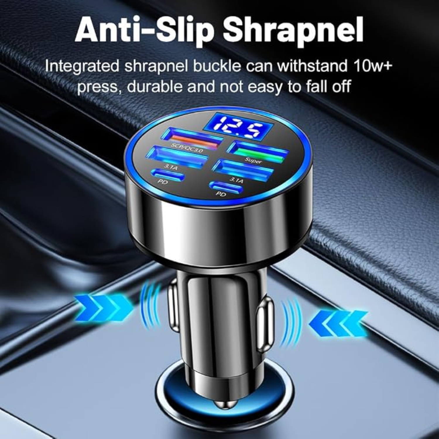 6-In-1 Multi-Port USB C Car Charger with LED Voltmeter