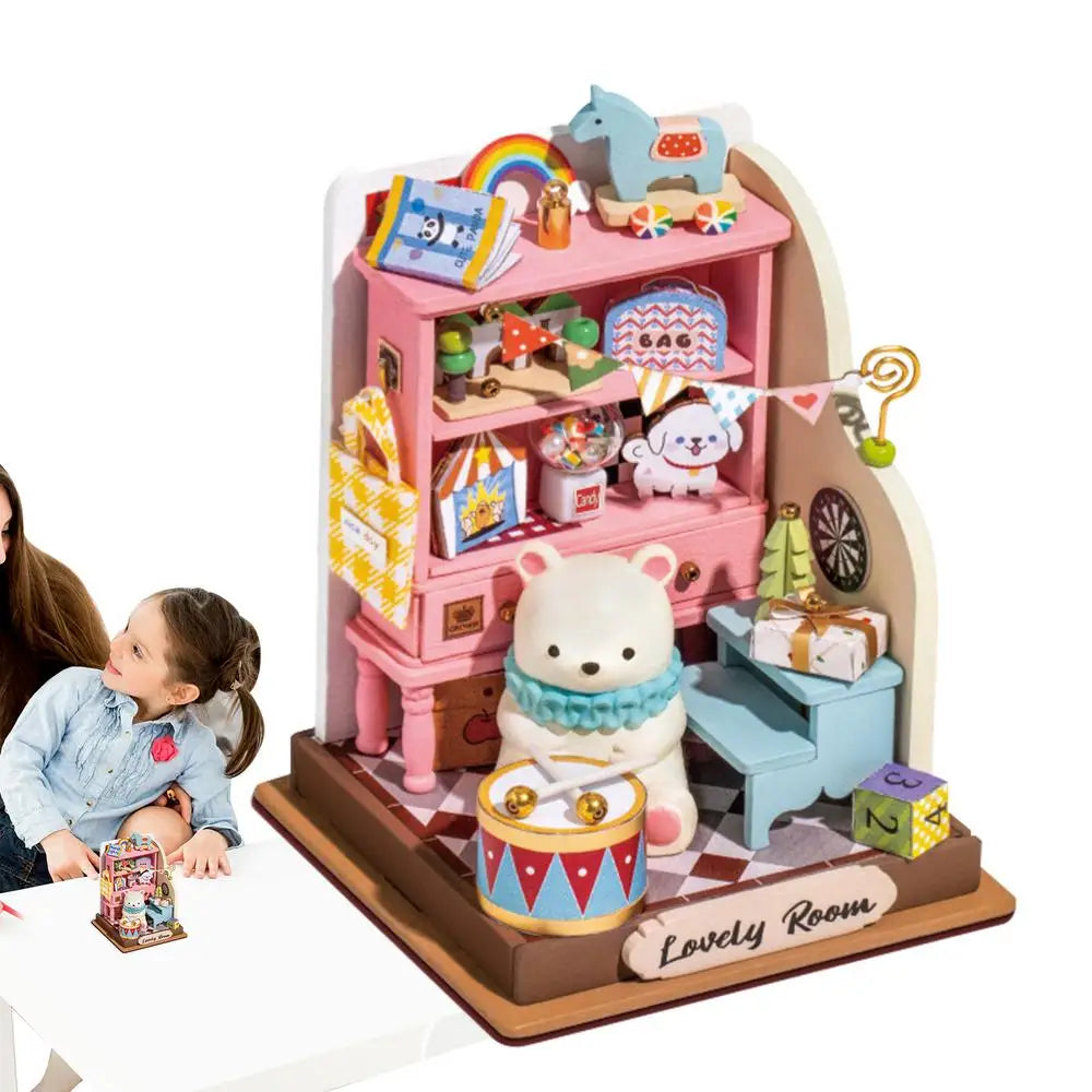 Miniature Doll House Kit Wooden Dolls House Bear House Wooden Dolls House Miniature Doll House Kit for Birthday Valentine'S Day