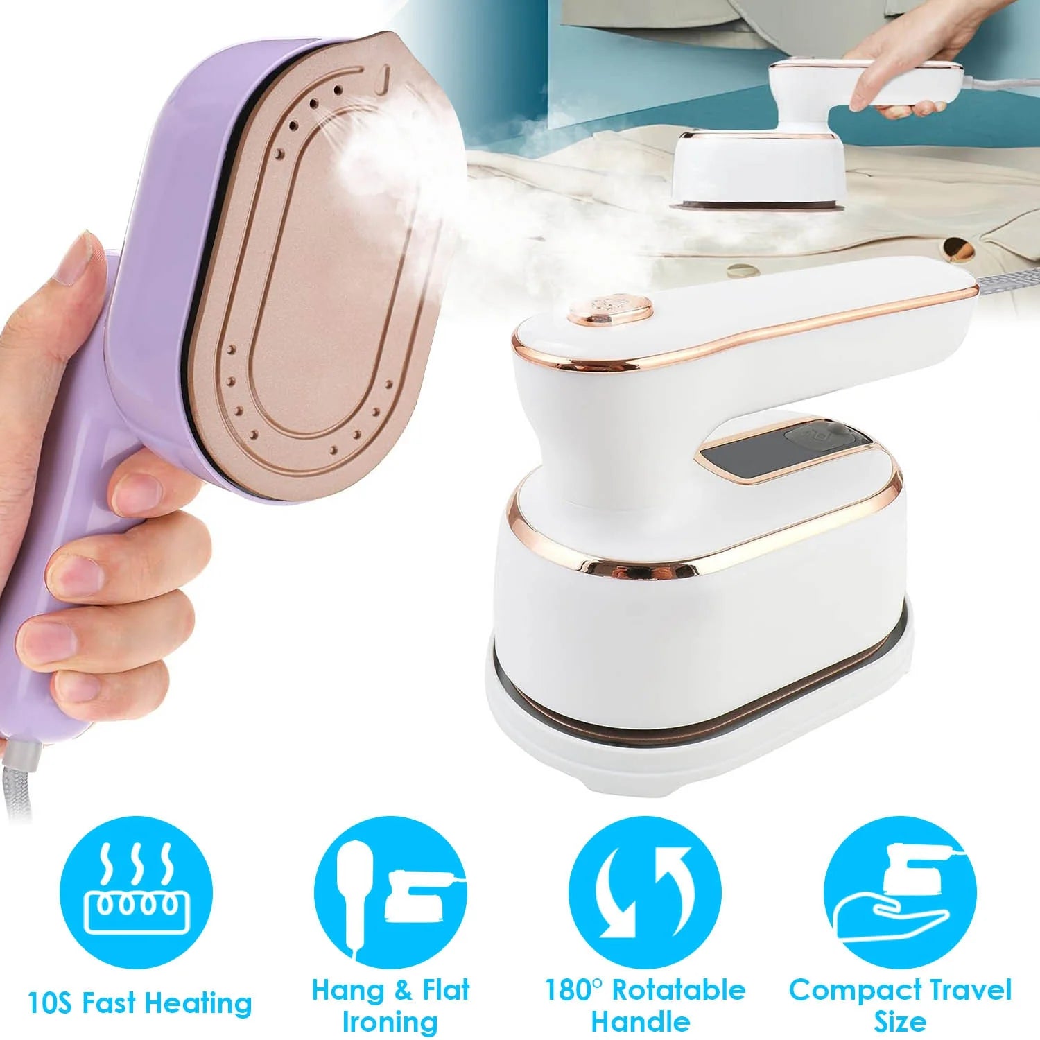 One Thousand W Portable Handheld Steamer for Hang Flat Ironing Travel Garment Steamer with 180 Degree Rotatable Handle 10S Fast Heating Clothing Wrinkles Remover for Home Office Travel
