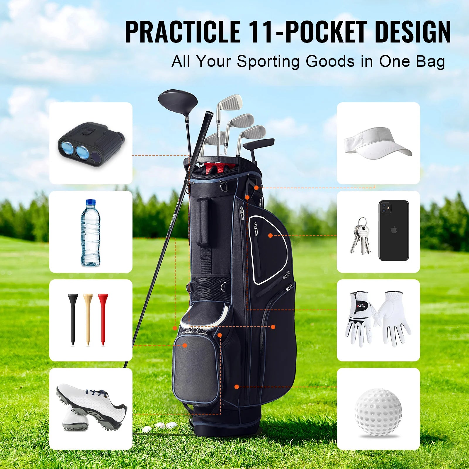 Golf Cart Bag with 14 Way Organizer Divider Top, 35 11 Pockets Premium Cart Bag with Stand, Durable Golf Bags with Handles & Dust Cover & Detachable Dual Strap for Men & Women, Black White