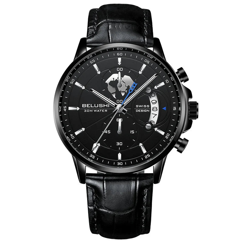 Belushi New Fashion Business Three-Eye Chronograph Genuine Leather Luminous Watch Steel Band Personalized Luxury Watch for Men