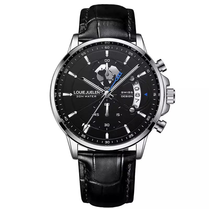 Belushi New Fashion Business Three-Eye Chronograph Genuine Leather Luminous Watch Steel Band Personalized Luxury Watch for Men